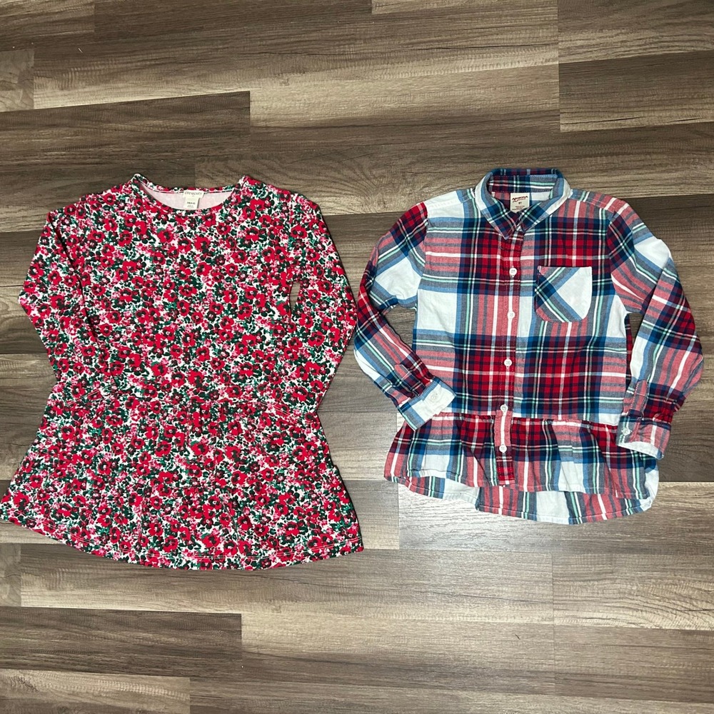 Crewcuts Arizona Kids 4-5 5T Red Blue Floral Plaid Dress Flannel Festive Bundle